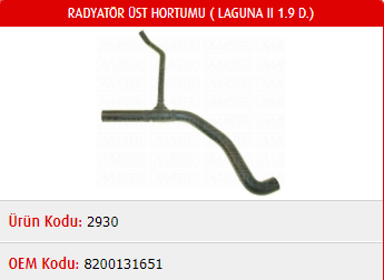 RADYATÖR ÜST HORTUMU RENAULT LAGUNAII 1.9D