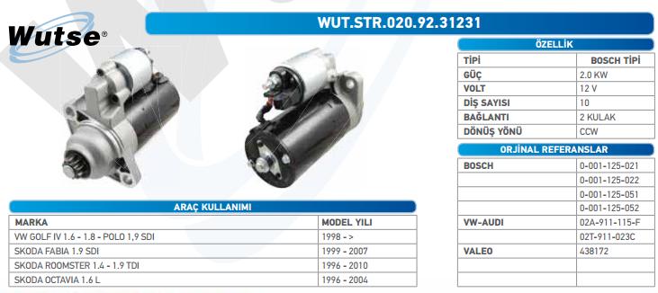 MARŞ MOTORU 12V (BOSCH TİPİ) 2,0KW 10T ROOMSTER