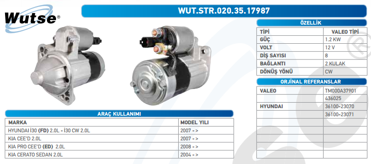 MARŞ MOTORU 12V (VALEO TİPİ) 1,2KW 8T HYUNDAI İ30 2,0L