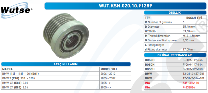 ALTERNATÖR KASNAĞI (BOSCH TİPİ) BMW I 116İ - 118İ -120İ - 1,30İ