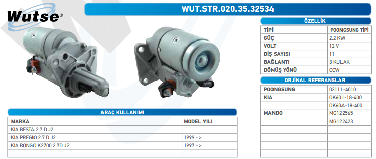 MARŞ MOTORU 12V 2.2KW 11T CCW KIA BESTA-PREGIO