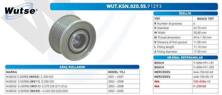 ALTERNATÖR KASNAĞI (BOSCH TİPİ) M.BENZ C SERİSİ C200 CDI