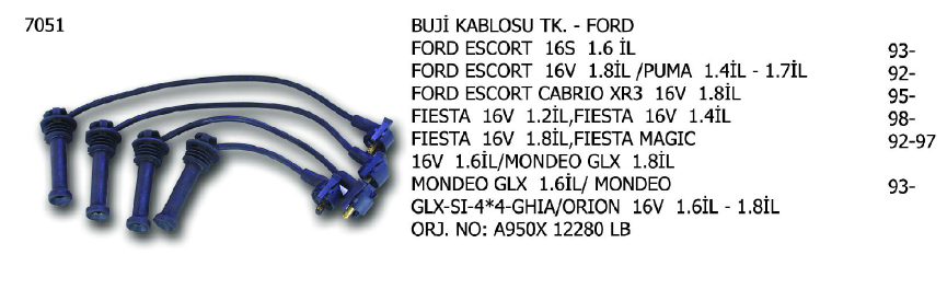 BUJİ KABLOSU TK. FORD ESCORT 1.6S / 1.6IL / 93 16V 1.8IL