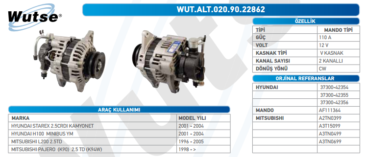 ALTERNATÖR 12V 110A HYUNDAI STAREX KAM