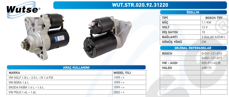 MARŞ MOTORU 12V (BOSCH TİPİ) GOLF V/BORA/GOLF IV 06