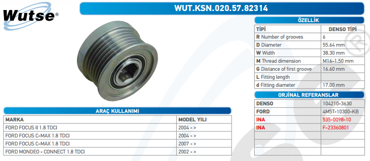 ALTERNATÖR KASNAĞI (DENSO TİPİ) 120A 6K FOCUS II 02-/CONNECT 06