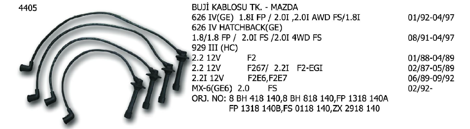 BUJİ KABLOSU TK. MAZDA 626 1.8 97-99 / 626 2 97-02 / 626 2.0 92-97 / MX6 92-97 / TOYOTA AVENSİS 00-03 / CELICA 99-05 / COROLLA 02-04 / MR2 99-07 / RAV 4 01-05 / FORD PROBE 93-98