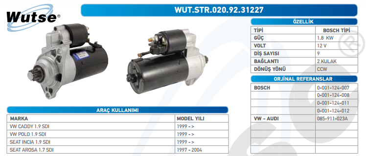 MARŞ MOTORU 12V (BOSCH TİPİ) VW CADDY 1,9SDI 99-