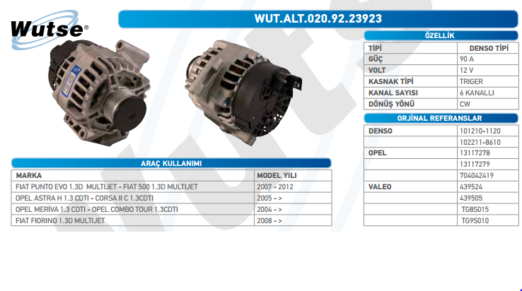 ALTERNATÖR 12V 90A FIAT PUNTO 1.3 M.JET/OPEL ASTRA