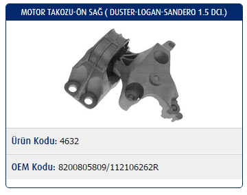 MOTOR TAKOZU (ÖN)(SAĞ) DACIA DUSTER 1.5 DCİ / LOGAN 1.5 DCİ / SANDERO 1.5 DCI