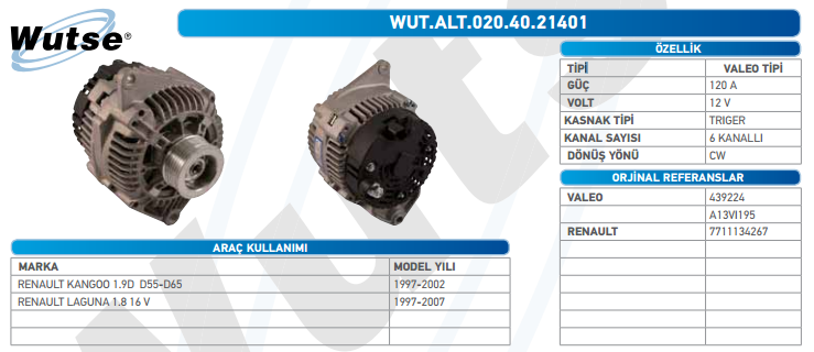 ALTERNATÖR 12V 110A RENAULT KANGO 1.9D D55 - D65 1