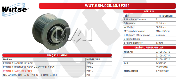 ALTERNATÖR KASNAĞI (MITSUBISHI TİPİ) RENAULT LAGUNA III 2.0DCI-MEG