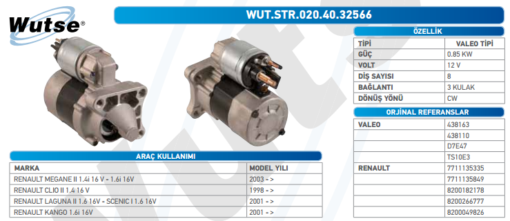 MARŞ MOTORU 12V (VALEO TİPİ) CLİO II 99-/MGN II 03-