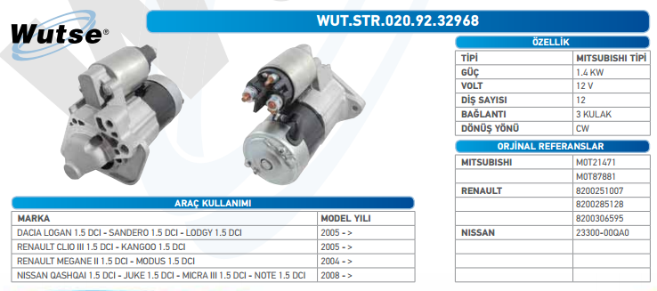 MARŞ MOTORU 12V (MITSUBISHI TİPİ) MGN II/CLİO III