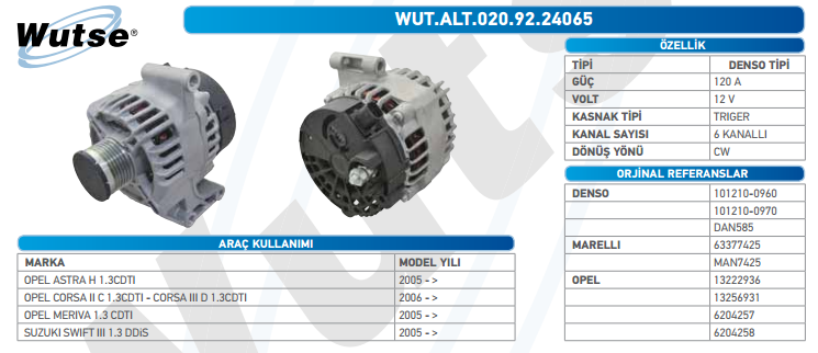 ALTERNATÖR 12V 120A OPEL ASTRA H 1.3CDTI 2005 ->