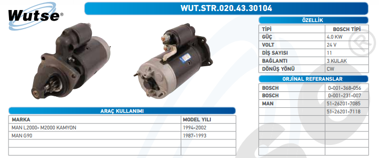 MARŞ MOTORU 24V (BOSCH TİPİ) 4,0KW 11T MAN KAMYON