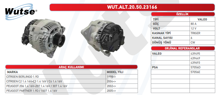 ALTERNATÖR 12V 80A PEU 206/307 1.4L-1.6L 16V 02