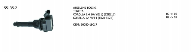 ATEŞLEME BOBİNİ TOYOTA AVENSIS 03-08 / AYGO 05- / COROLLA 00-02 / RAV 4 01-05 / YARİS 11- / CITROEN C1 05- / DAIHATSU 05- / PEUGEOT 107 05- / SUBARU JUSTY 07- / ROVER 100 90-98 (ZZE 111)