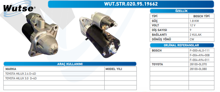 MARŞ MOTORU 12V (BOSCH TİPİ) 2.0KW TY HILUX PICKUP 2.5D