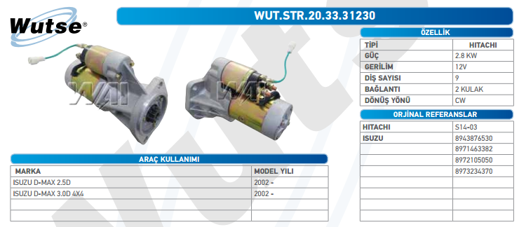 MARŞ MOTORU 12V (HITACHI TİPİ) 2,8KW 9T ISUZU D-MAX 2.