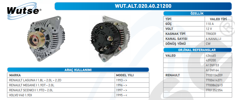 ALTERNATÖR 12V 110A LAGUNA 1,8L - 2,0L 1995-2000