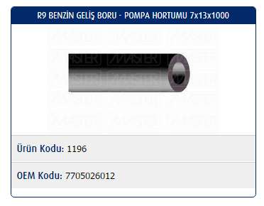 BENZİN GELİŞ BORU POMPA HORTUMU (Ø7x13x1000) RENAULT R9 1.4-1.6 / R11 1.4-1.6 / R19 1.4-1.6