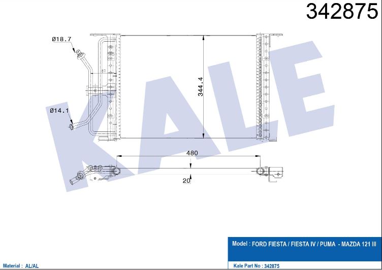 KLİMA RADYATÖRÜ (BRAZING)(KURUTUCUSUZ) FORD FIESTA IV 95-03 / PUMA 97-02 1.3 1.8D 1.4/1.6 16V / MAZDA 121 III 1.3 1.8D 96-03