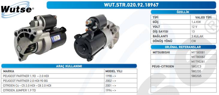 MARŞ MOTORU 12V (VALEO TİPİ) PEU PARTNER 1,9D 98-