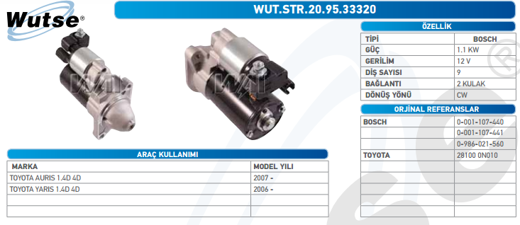 MARŞ MOTORU 12V (BOSCH TİPİ) 1.1kW 9T TY AURIS 1.4D-4D