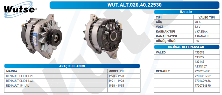 ALTERNATÖR 12V (VALEO TİPİ) 70A RENAULT 19 1,4İ 1