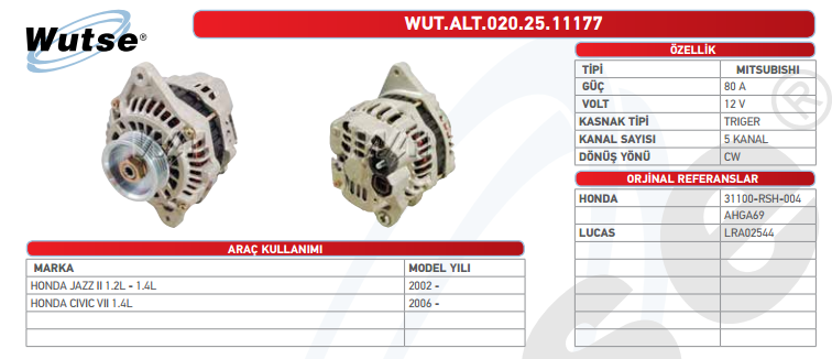 ALTERNATÖR 12V (MITSUBISHI TİPİ) 80A HO JAZZ II 1.2L-1.4L-CIVIC