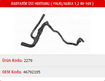 RADYATÖR ALT HORTUMU FIAT PALIO 1.2 8V-16V 02- / ALBEA 1.2 8V-16V 02-