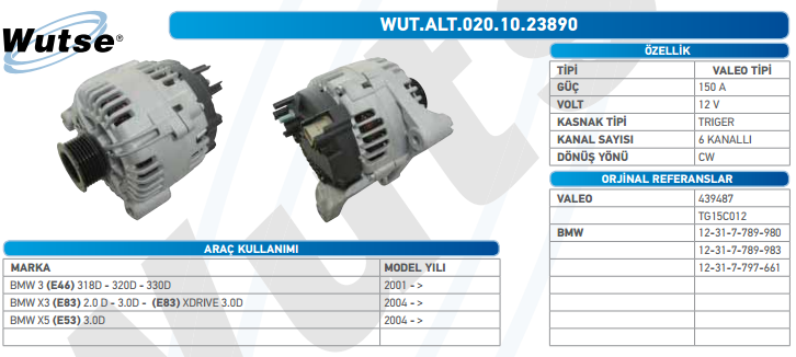 ALTERNATÖR 12V (VALEO TİPİ) 150A BMW 3E46 320D 2001