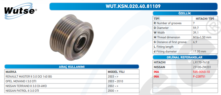 ALTERNATÖR KASNAĞI (HITACHİ TİPİ) R.MASTER II 3,0DCİ 140BG 03-