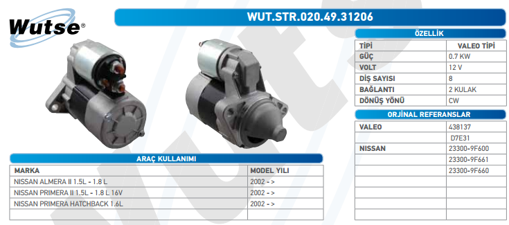 MARŞ MOTORU 12V (VALEO TİPİ) NISSAN ALMERA II 1.5