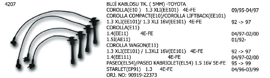 BUJİ KABLOSU TK. TOYOTA CARINA 87-90 / CELICA 89-93 / COROLLA 87-92 / MR 2 84-90