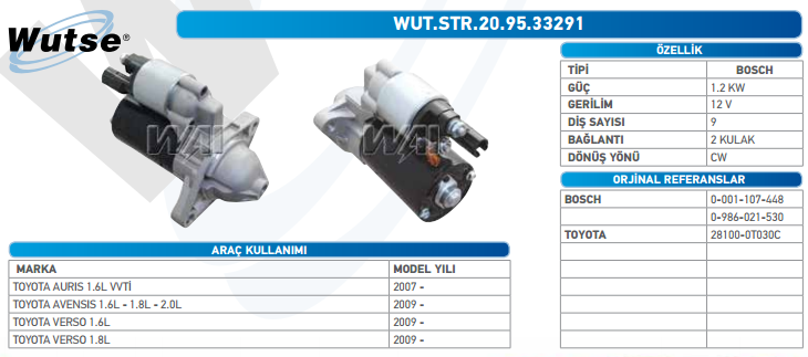 MARŞ MOTORU 12V 1.2KW 9T TOYOTA AURIS 1.8L