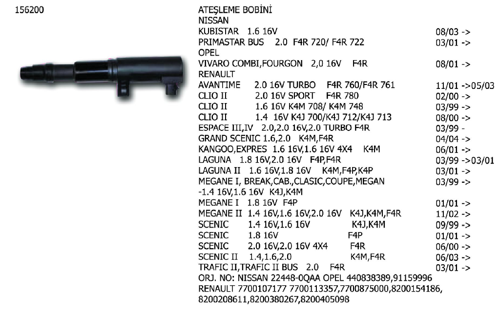 ATEŞLEME BOBİNİ RENAULT CLIO 98- / ESPACE 02- / FLUENCE 10- / KANGOO 97- / LAGUNA 01- / MEGANE 03- / MODUS 04- / AUDI A1 10- / DACIA DUSTER 10- / LOGAN 06- / SANDERO 08- / MAZDA 626 98-02 / OPEL VIVARO 01- / NISSAN