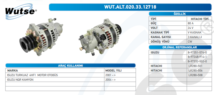 ALTERNATÖR 24V (HITACHI TİPİ) 80A ISUZU OTOBÜS-NQR KAMYON