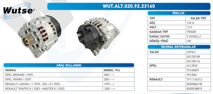 ALTERNATÖR 12V (VALEO TİPİ) 120A OPEL MOVANO 1.9DTI 2