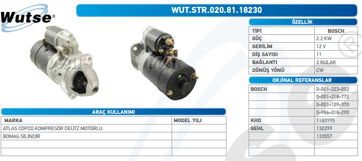 MARŞ MOTORU 12V (BOSCH TİPİ) 2,2KW 11T DEUTZ MOTORLU A