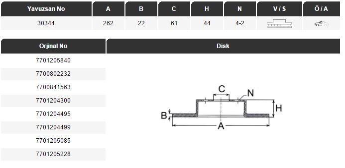 FREN DİSKİ (ÖN)(262MM) LAGUNA I 1.8I-1.9-2.0