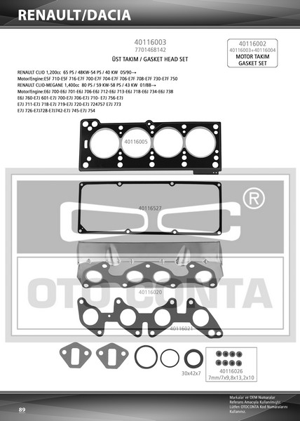 ÜST TAKIM CONTASI (S.K.C STD)(SUBAP LASTİKLİ) RENAULT R19 1.4 / CLIO 1.4