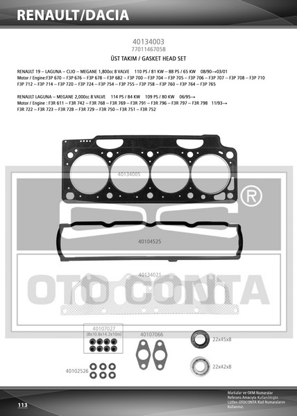 ÜST TAKIM CONTASI (S.K.C STD)(SUBAP LASTİKLİ) RENAULT LAGUNA 1.8-2.0