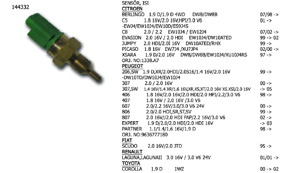 SENSÖR ISI PEUGEOT 1007 05- / 206 98- / 307 00- / 406 00-04 / 807 02- / BIPPER 08- / EXPERT 00- / PARTNER 96- / TOYOTA COROLLA 00-02 / CITROEN BERLINGO 00- / C2-C3-C4-C5-C8 02- / JUMPY 99- / NEMO 08- / FIAT