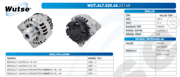 ALTERNATÖR 12V 125A RENAULT LAGUNA II 1.8L 16V 200