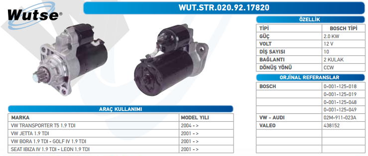 MARŞ MOTORU 12V (BOSCH TİPİ) JETTA/BORA/GOLF/T.SPOR