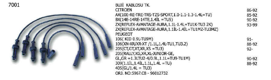 BUJİ KABLOSU TK. CITROEN AX 91-96 / BX 89-93 / C15 84-96 / ZX 91-97 / PEUGEOT 106 91-96 / 205 87-90 / 309 89-93 / 405 87-96