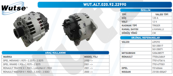 ALTERNATÖR 12V (VALEO TİPİ) 120A OPEL MOVANO 2,5TDİ