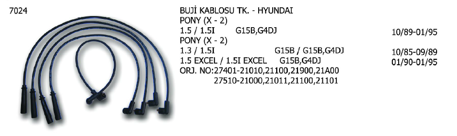 BUJİ KABLOSU TK. HYUNDAI PONY 1.3 85-89 / 1.5 85-89 / MITSUBISHI COLT 1.4 78-79